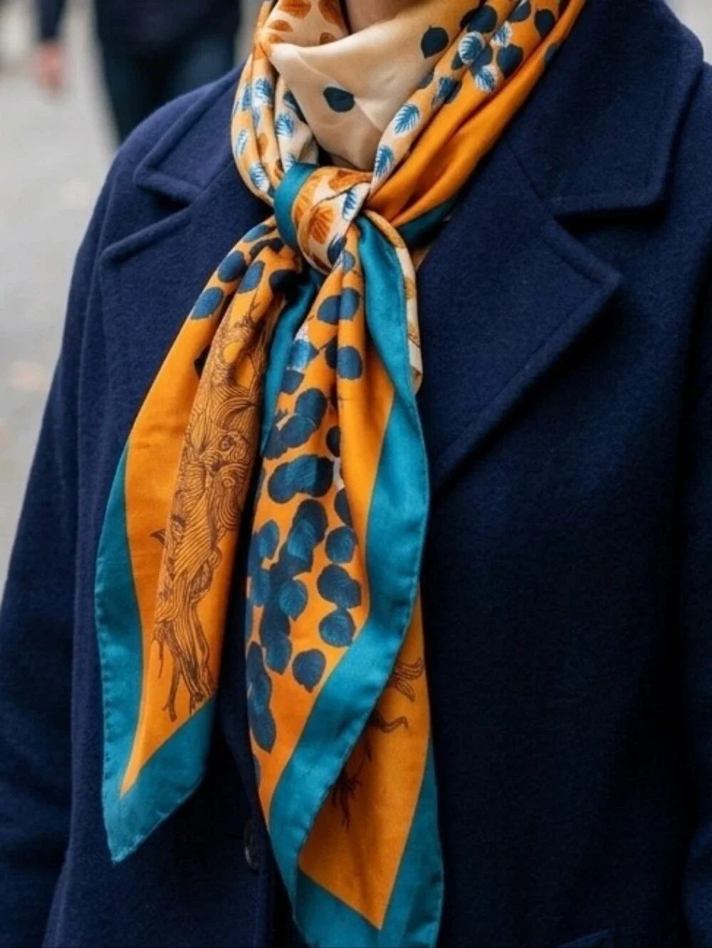 NWT Satin Neck Scarf Head Wrap Teal Orange Botanical Tree Foliage Print 35